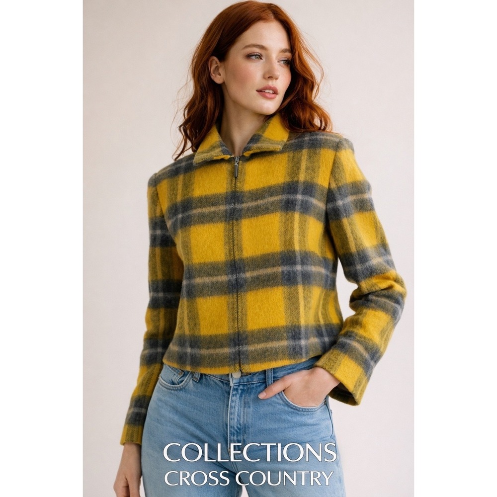 Collections Cross Country yellow Plaid Wool Mohair Jacket Cropped Zip Front 12